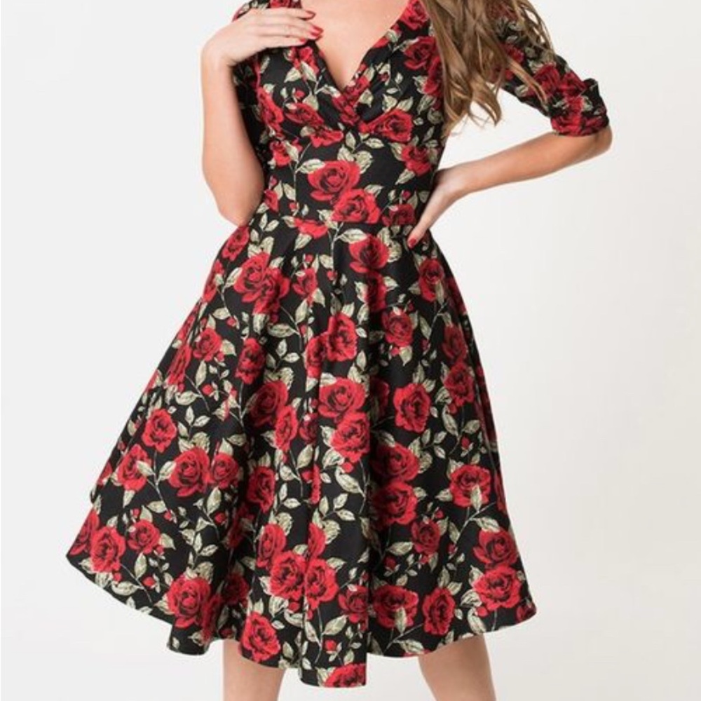 Unique Vintage Red and Black Rose Dress